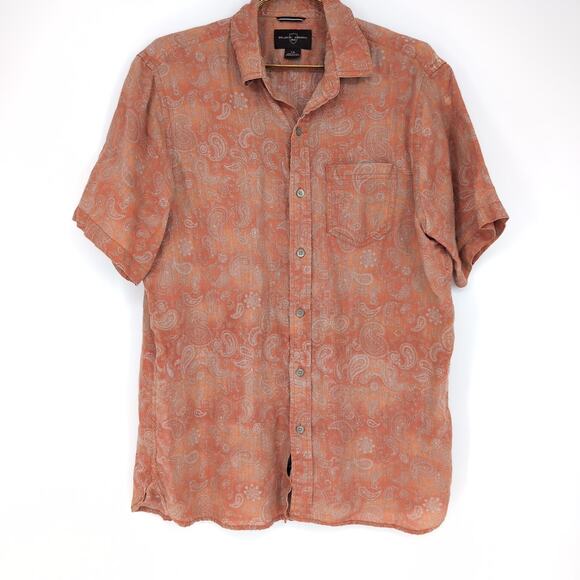 Black Brown 1826 Mens Orange Paisley Button Down Short Sleeve Shirt -Size L -GUC - Picture 1 of 12